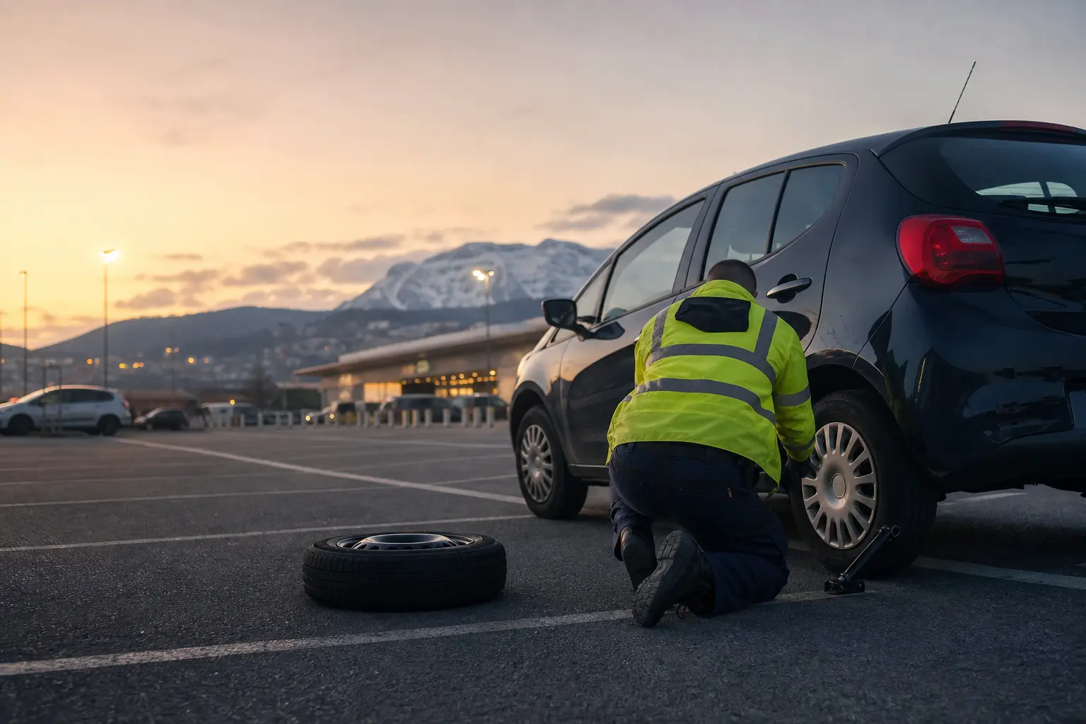 Changement de roue après crevaison sur parking à Annemasse, crépuscule